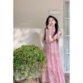 夏季 温柔风甜美粉色挂颈无袖 洋装 气质宽松显瘦扎染长裙度假裙子