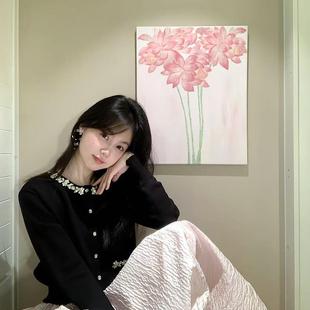 kumikumi千金风套装重工镶钻长袖开衫女秋季褶皱高腰半身裙两件套