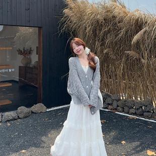 kumikumi甜美套装宽松V领针织开衫女秋季高腰蕾丝边半身裙两件套