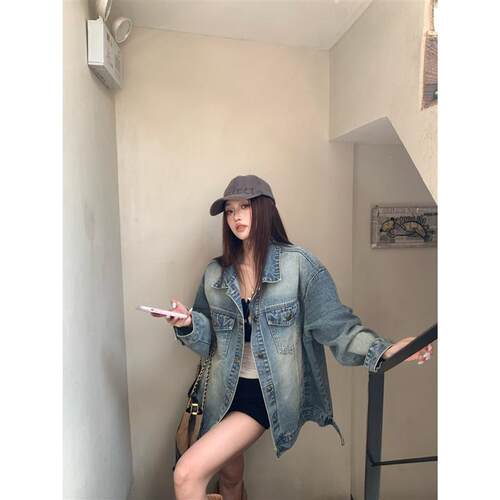 kumikumi休闲风水洗单排扣长袖牛仔外套女装春季百搭气质休闲上衣
