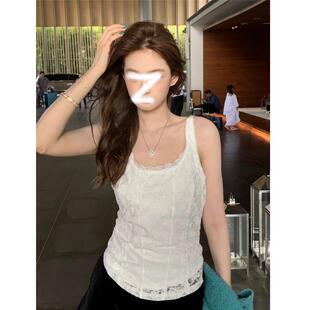 白色u领蕾丝提花jazz吊带背心女网纱无袖抹胸美背泰式度假风上衣