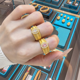 十年老铺黄金包银中古风镶钻鸽子蛋戒指女闭口拉丝指环对戒七夕礼