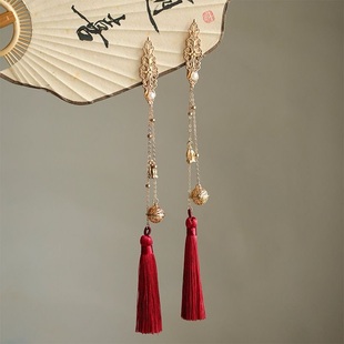 新中式红色流苏发夹古风汉服流苏穗子对夹喜庆百搭新年铃铛发饰