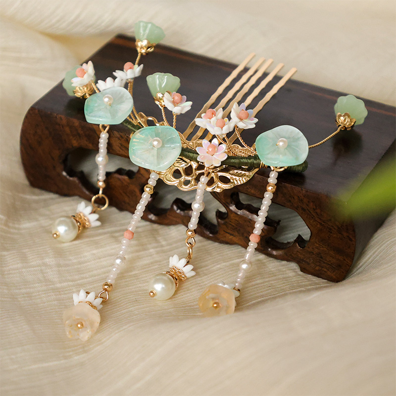 超仙荷花发钗汉服长流苏点缀后压发簪清新百搭发饰头饰汉服配饰