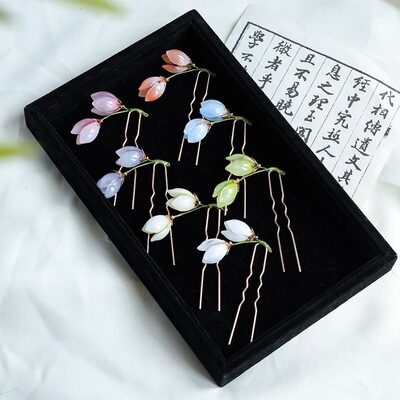 汉服郁金香排簪小清新发簪超仙郁金香明制点缀珍珠棒唐风掩鬓小钗