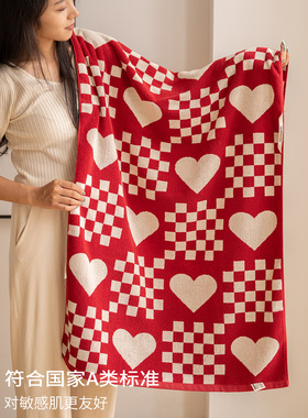 棋盘格爱心玫瑰红色浴巾结婚一对纯棉覆古柔软吸水卫生间家用