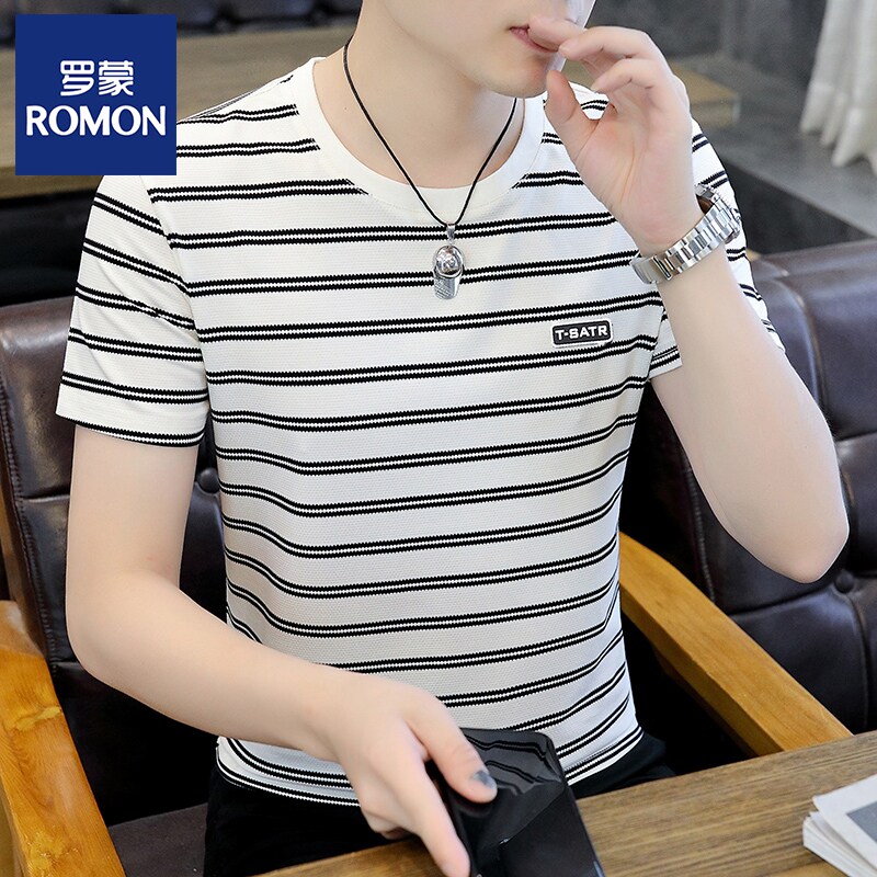罗蒙条纹短袖t恤男生高级设计感夏季新款青少年休闲品牌衣服