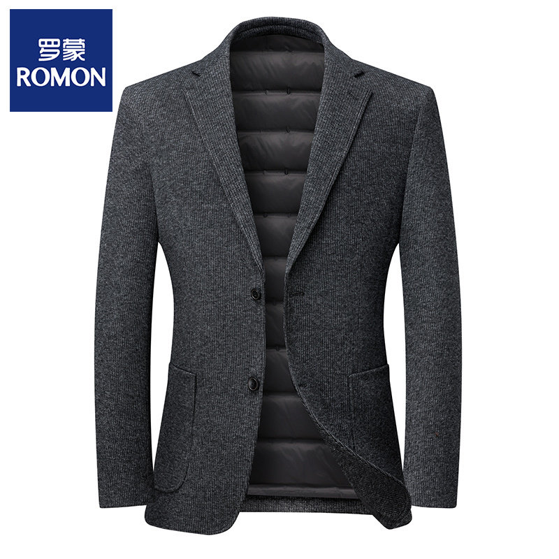 罗蒙加厚一体羽绒西服保暖羊毛西装2025冬季中青年外衣工作服外套