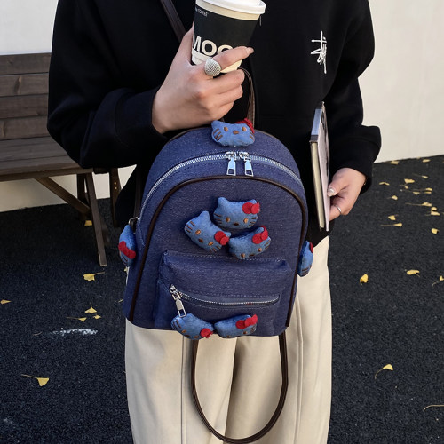高级感生日礼物小众可爱KT牛仔布大容量包包女上课通勤轻便双肩包