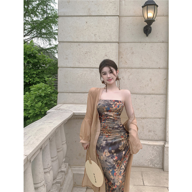 速发套装时夏季裙尚新中式改良长袍国风复古抹胸连衣裙旗袖防晒开