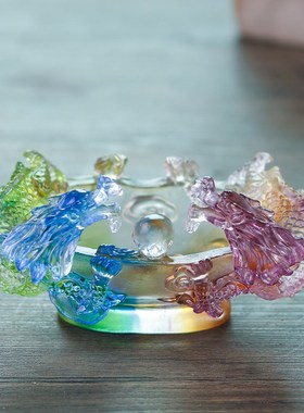 速发古璃琉法双龙聚宝盆家居客厅桌面摆乔工艺品长辈件迁开业日常