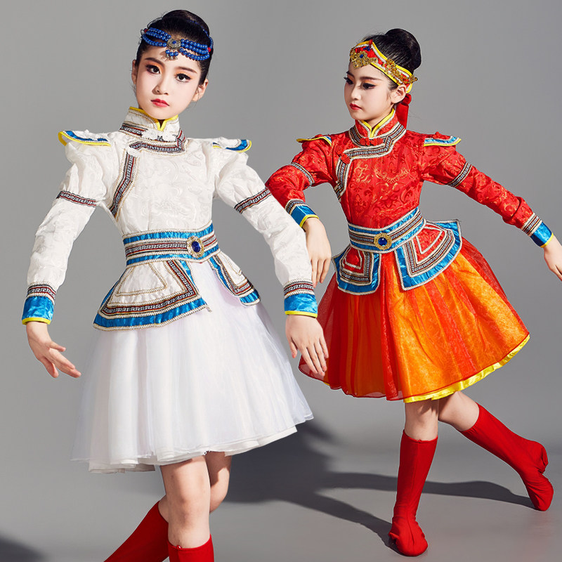 速发儿童蒙古服族舞蹈演童服草原服装出马子舞少儿袍蒙族白筷服饰