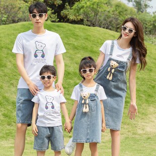 洋子时髦母子母T恤背带裤 速发高端亲三装 一家气四口全家装