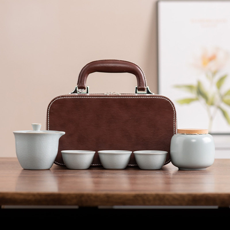 青瓷哥窑开片可养户外便携旅行茶具套装一壶三杯快客茶杯礼品