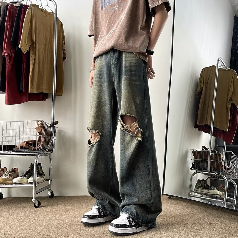 HKRXEC 破洞高街直筒裤宽松牛仔裤 男女同款