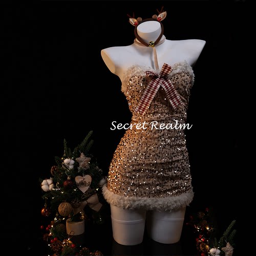 秘境「极光女神」圣诞节cos制服麋鹿性感睡裙毛绒纯欲连体裙qqny