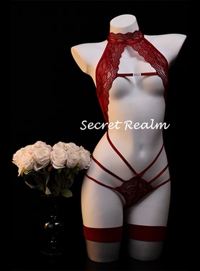 秘境「红蔷」性感睡衣蕾丝镂空透视连体内衣绑带诱惑纯欲风qqny