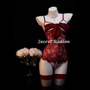 秘境「春光乍泄」性感睡衣蕾丝镂空透视蝴蝶结连体内衣纯欲风qqny