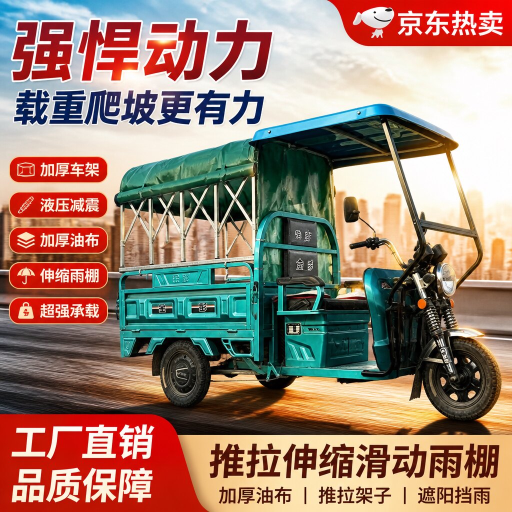 三轮电动车后箱滑动推拉车篷加厚防雨布折叠伸缩防风防雨遮阳棚