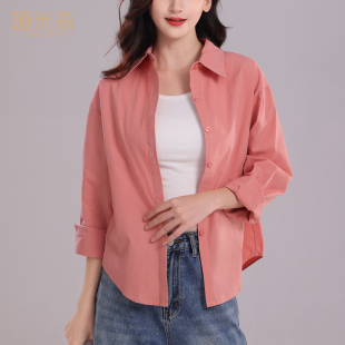 纯棉衬衫女上衣长袖韩版新款纯色宽松2025衬衣外套设计百搭防晒款