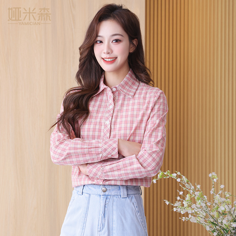 纯棉格子衬衫女长袖春秋新款修身时尚韩版显瘦洋气衬衣上衣外穿款