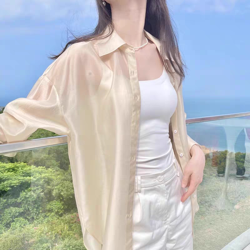 长袖防晒衬衫女夏季韩版宽松休闲显瘦百搭空调衫薄款开衫上衣外穿