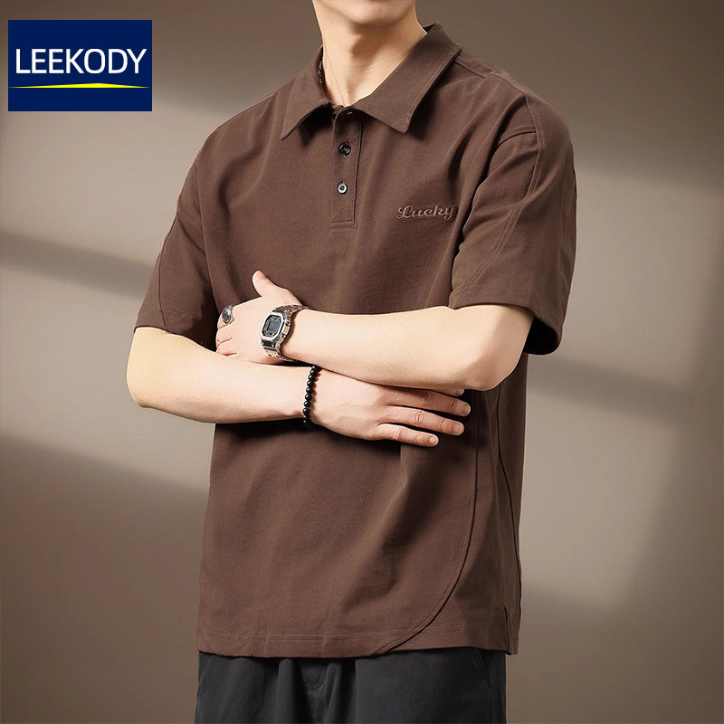 LEEKODY美式300g重磅咖色Polo衫男夏季宽松翻领外穿百搭短袖半袖