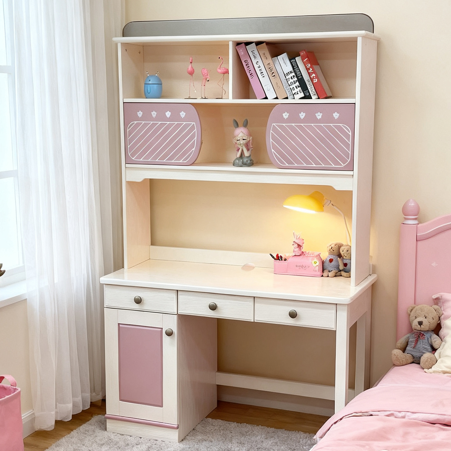 全实木樱桃木儿童学习桌书桌书架一体女孩粉色公主卧室家用写字台