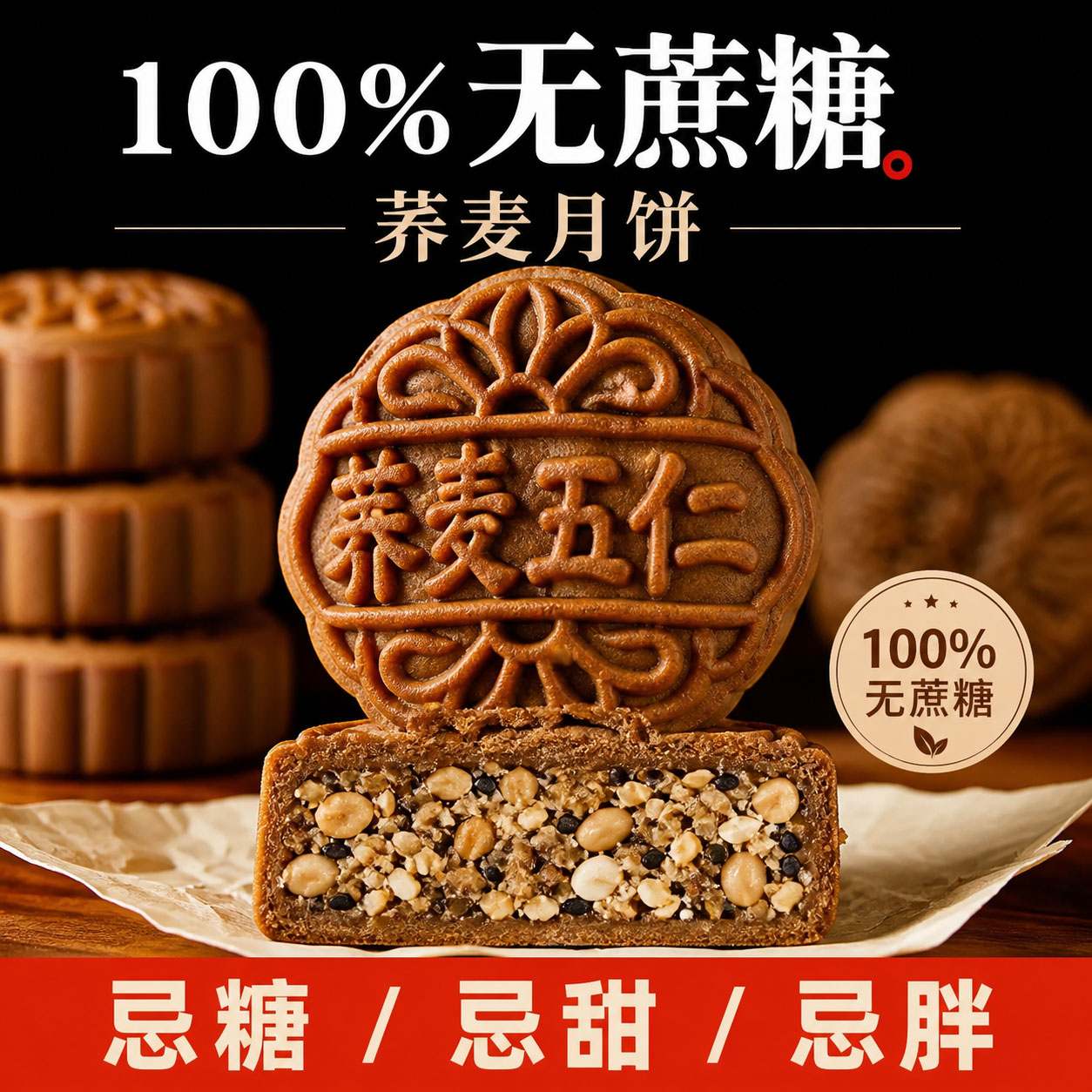 荞麦老式无蔗糖黑芝麻五仁月饼木糖醇传统杂粮粗粮广式中秋节月饼