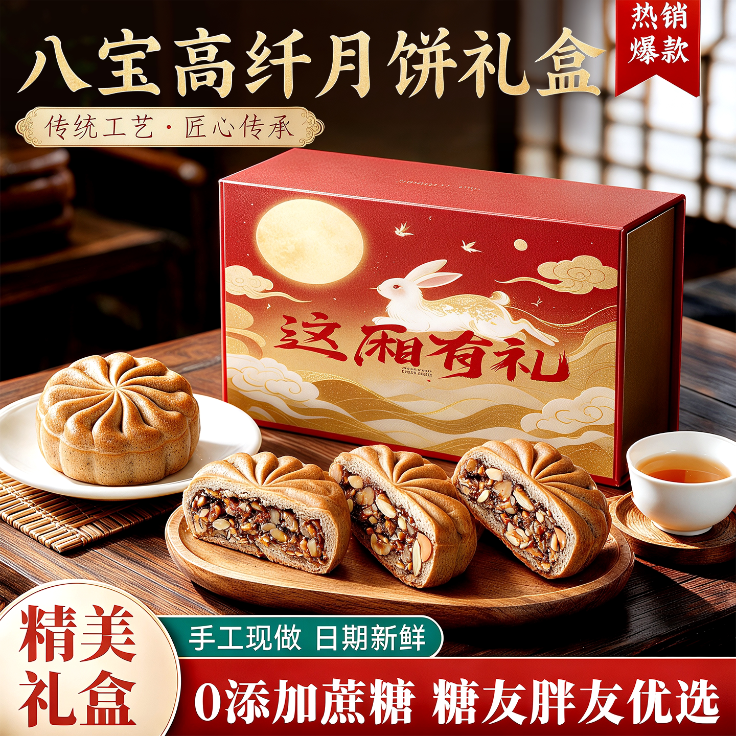 八宝高纤中秋月饼礼盒粗粮坚果高蛋白经典五仁糖人专用控糖零食