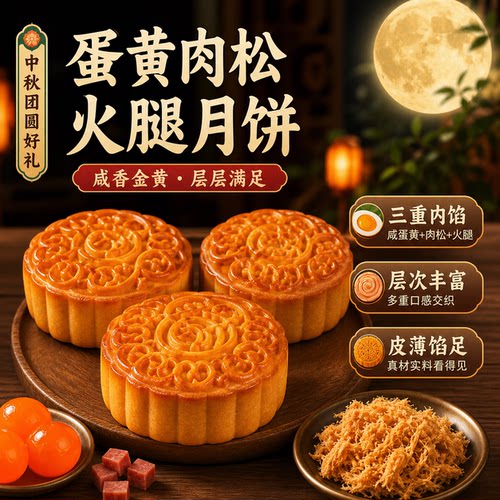 广式月饼蛋黄肉松火腿三重馅料层次丰富独立包装中秋送礼自用月饼