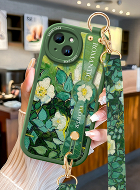 适用苹果15promax挂绳手机壳14女款iphone13斜挎7保护套12mini全包11防摔xr腕带xs可背8plus软外壳6s复古繁花