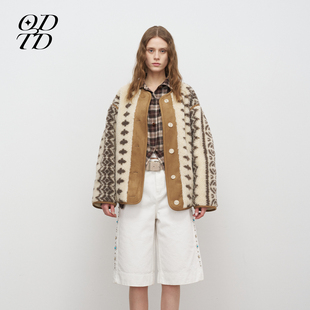 民族图案撞色双面穿摇粒绒外套上衣 ODTD25秋冬新款 设计师女装