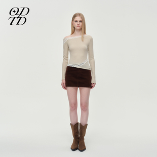 设计师女装 长袖 ODTD25冬季 蕾丝羊毛斜肩不对称修身 上衣 胶囊款