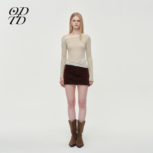 蕾丝装饰羊毛斜肩不对称修身上衣