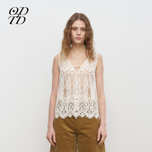 新款 ODTD25秋季 绒皮全蕾丝V领背心蕾丝A字叠搭短裤 设计师女装