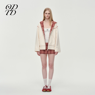 胶囊卫衣式 ODTD25冬季 格纹撞色外套上衣半身裙连帽 设计师女装
