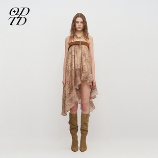 新款 ODTD25秋季 民族风复古印花不规则斜片半身裙 设计师女装