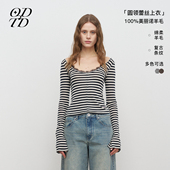 T恤上衣 条纹圆领蕾丝拼接羊毛打底长袖 徐若晗同款 ODTD新款