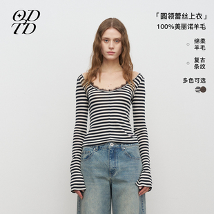 新款 ODTD25秋季 条纹圆领蕾丝撞色针织打底T恤上衣 徐若晗同款