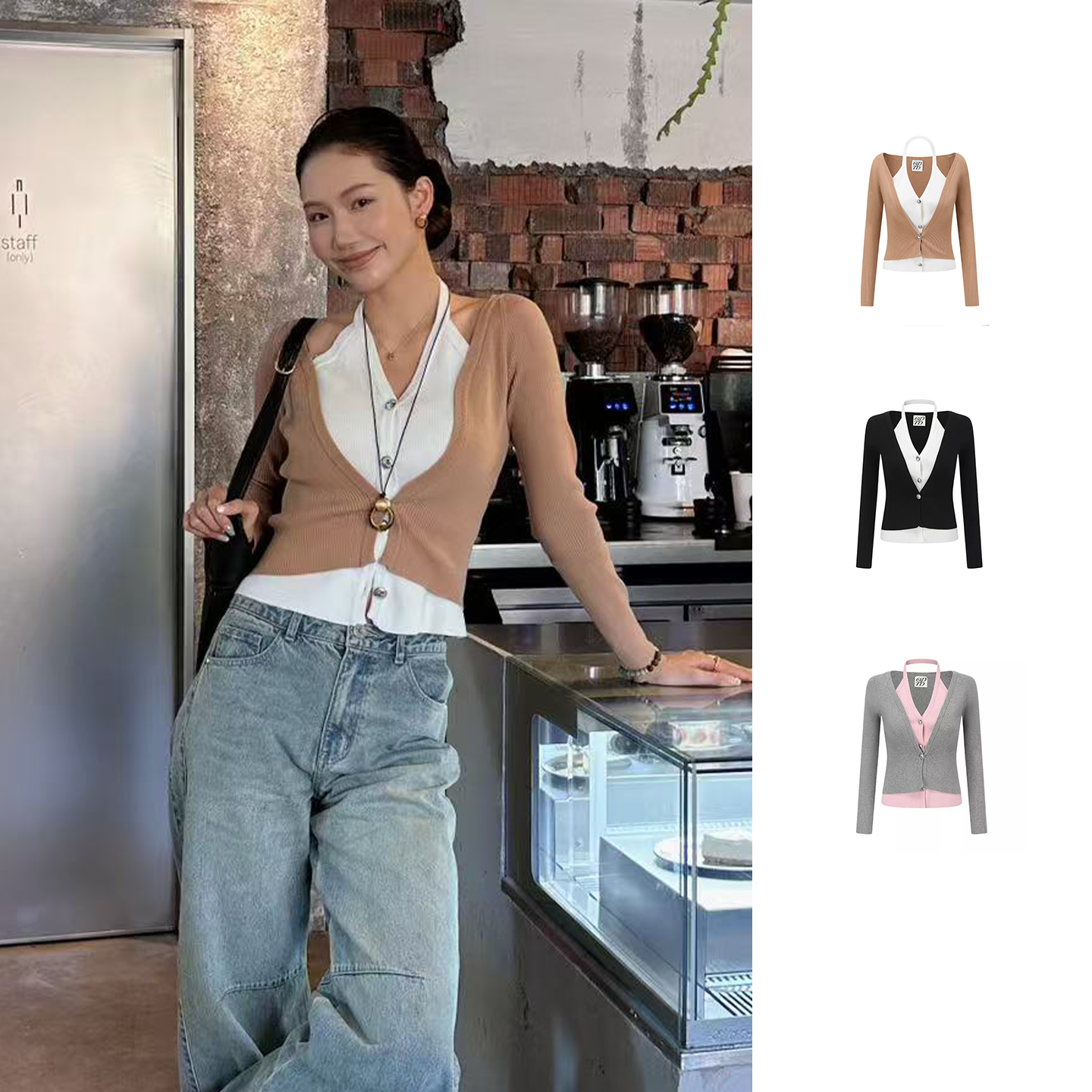 【明星同款】ODTD挂脖假两件上衣针织开衫V领长袖女无龄感极简风,女装/女士精品,毛针织衫,淘宝优惠券,粉丝福利购,淘宝优惠卷