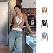 明星同款 ODTD新款 挂脖假两件上衣修身 肌理打底衫 无龄感极简风