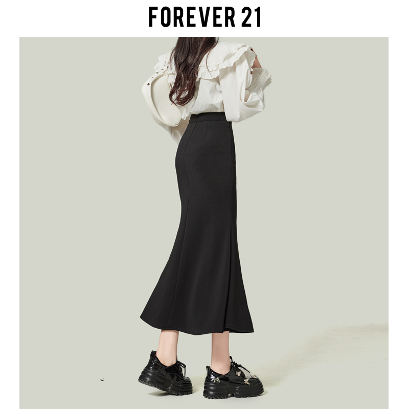 Forever 21赫本黑色高腰包臀半身裙女高级感修身鱼尾裙西装伞裙子