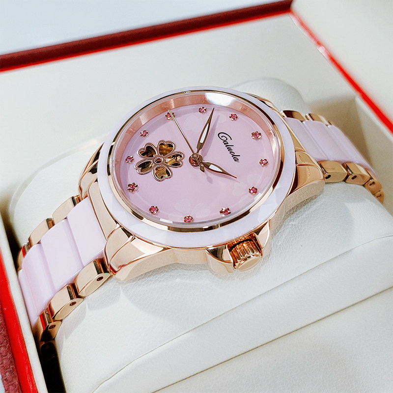 卡罗莱手表女机械表正品女士手表防水时尚镂空陶瓷女表皮带款腕表