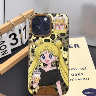豹纹卡通美少女战士水冰月适用苹果13手机壳带16pro蝴蝶结高级iPhone15promax原创女12防摔硅胶14pro全包软壳