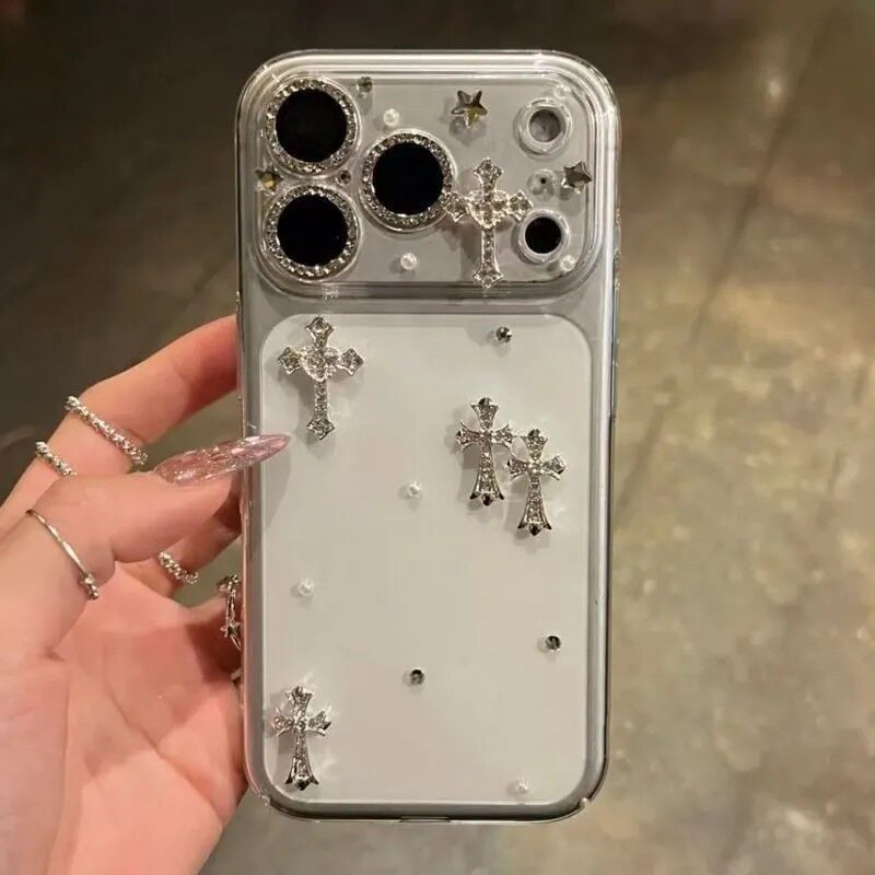 diy闪钻十字架适用苹果17手机壳iphone16promax硅胶小米17promax新款15Pro透明奢华13名媛风14全包镜头保护套