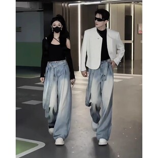 龙叨叨渐变飘带牛仔裤男款春秋美式复古裤子痞帅高级感阔腿弯刀裤