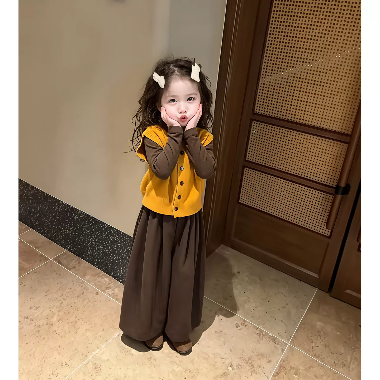 女童休闲马甲阔腿裤三件套中大童复古套装森系洋气针织马甲裤子