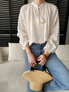 司南 法式温柔风 100苎麻流苏系带V领宽松镂空长袖衬衫 SN8693