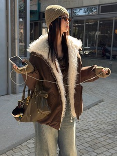 MMFISH时髦街头复古做旧翻领撞色毛领拉链中长加厚夹棉外套25Y632